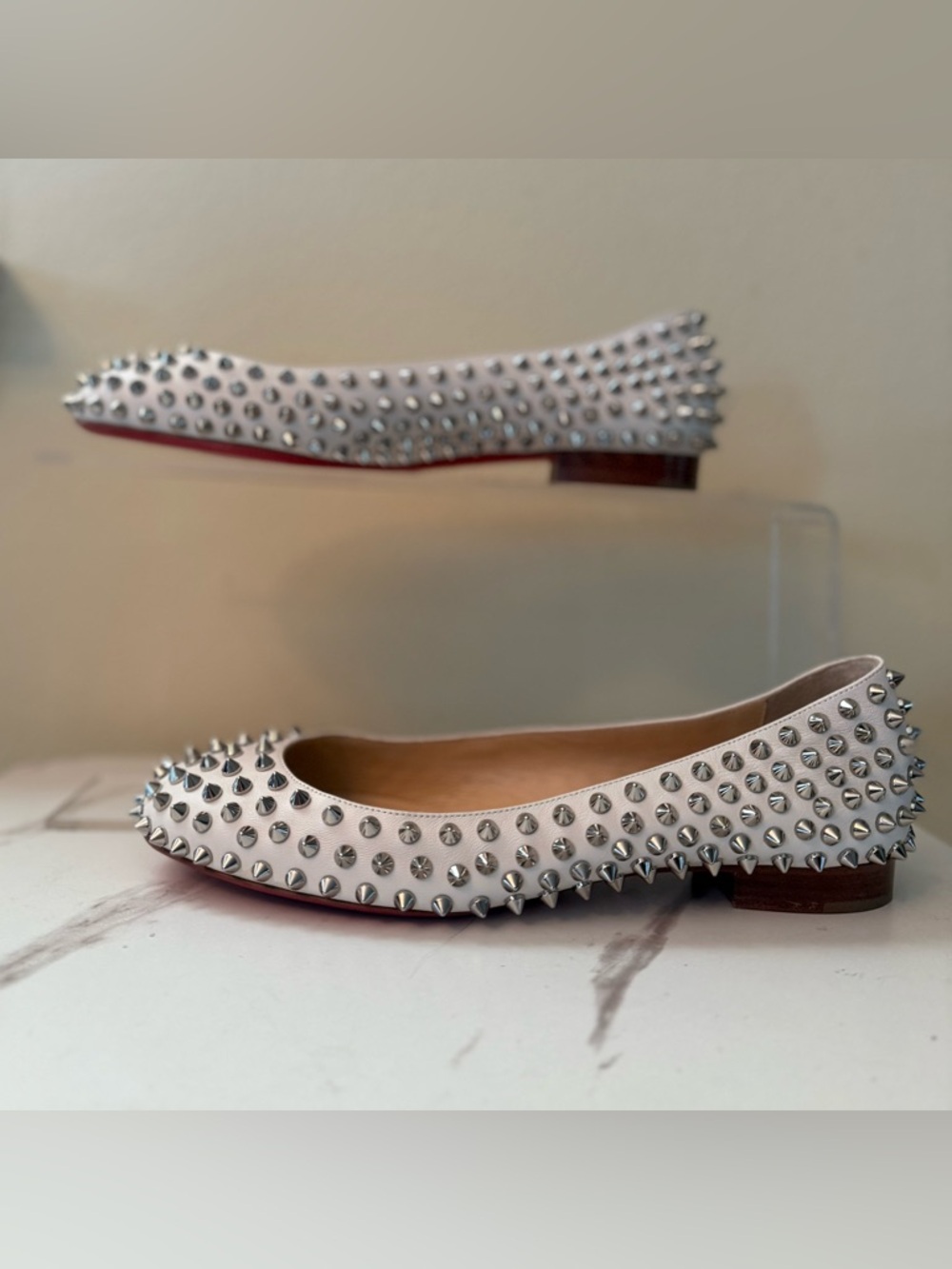 Christian Louboutin White Spike-Studded Ballet Flats, EUC, Size 39 - Picture 2 of 13